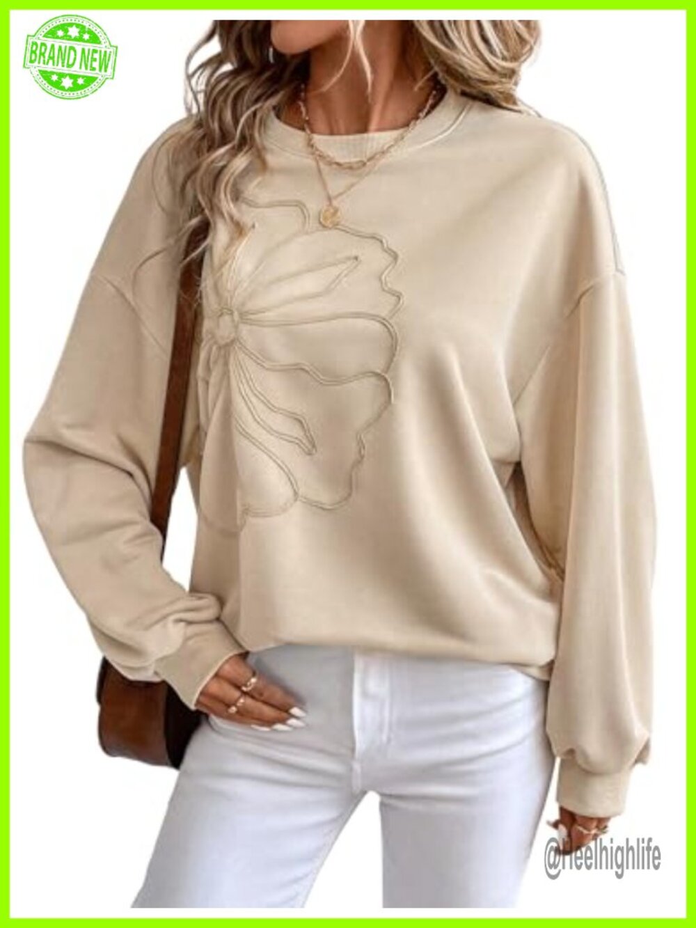 Oversized Crewneck Sweatshirt 3D Floral Textured Long Sleeve Top
